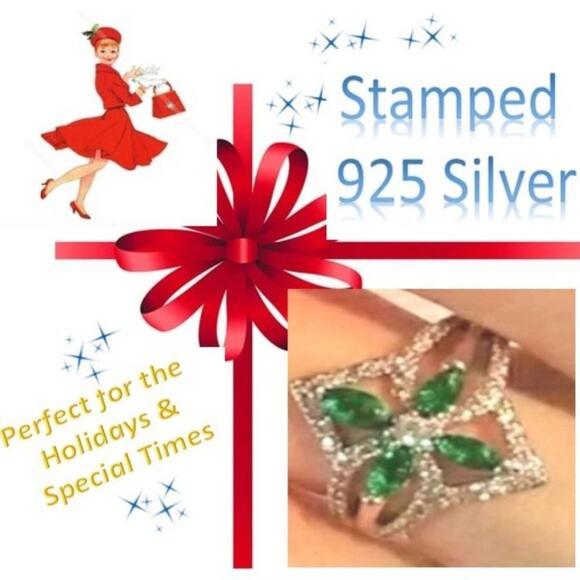 Ring Simulated Emeralds Diamonds Sz 7 Clover Blossom Fleur Brilliant Sparkle - Picture 5 of 13